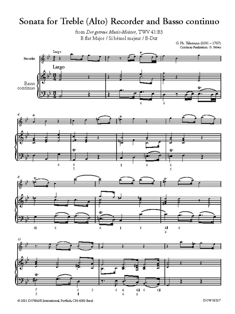 Sonata for Treble (Alto) Recorder and BC : from Der getreue Music-Meister, TWV 41:B3 B flat Major