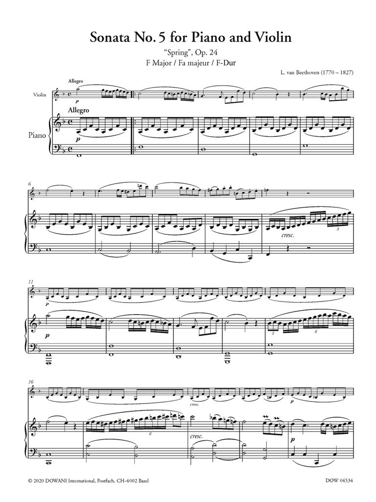 Sonata No. 5 for Piano and Violin : Spring, Op. 24 F Major