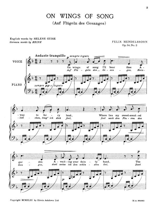 Felix Mendelssohn: On Wings Of Song Op.34 No.2 Voice/Piano (Eng/Ger) In F