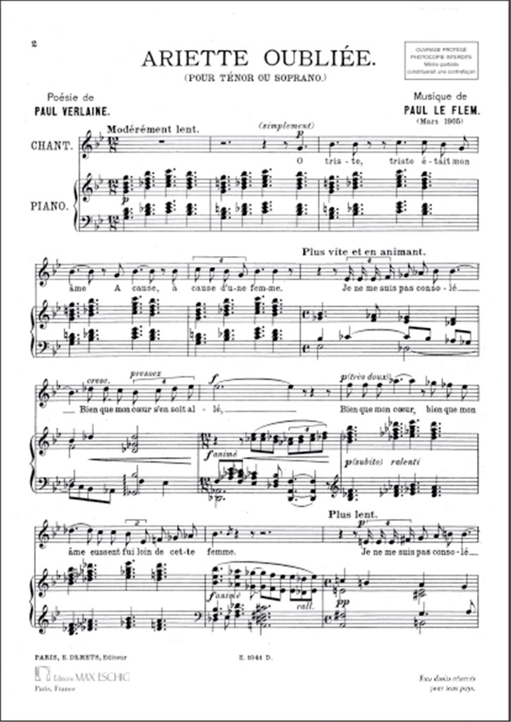 Ariette Oubliee Chant-Piano (Poesie De Verlaine