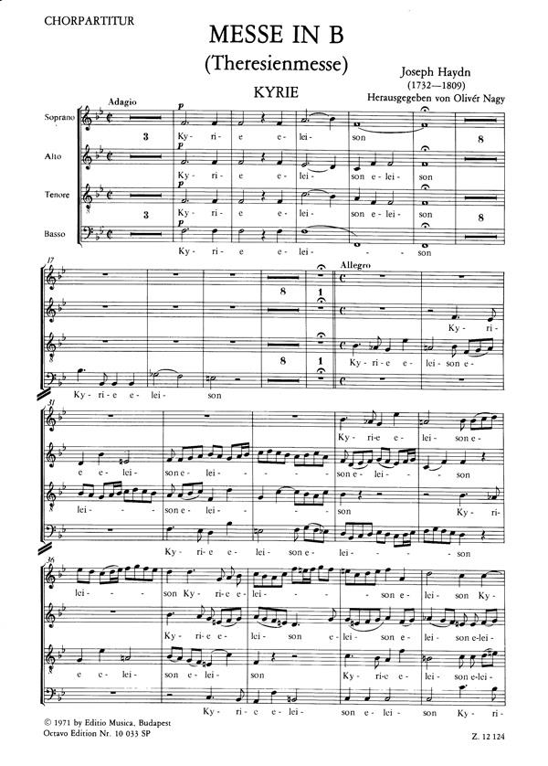 Messe in B Hob. XXII: 12 : (Theresienmesse) for soprano, alto, tenor and bass soloists, mixed chorus and piano