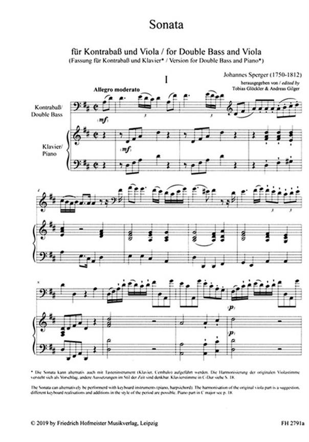 Sonata für Kontrabass und Viola : Fassung für Kontrabass und Klavier in C- und D-Dur