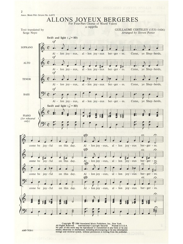 Guillaume Costeley: Allons Joyeux Bergeres (Arr. Steven Porter)