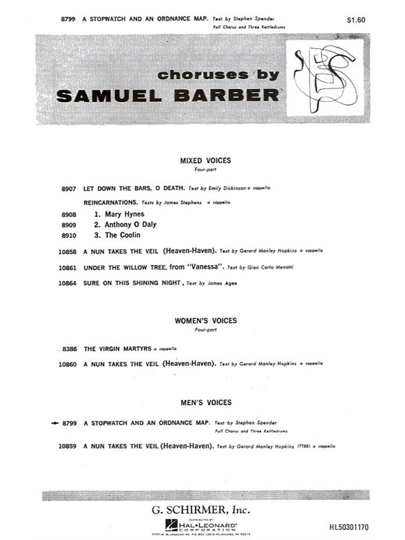 Samuel Barber: A Stopwatch And An Ordnance Map For Full Chorus And Three Kettledrums