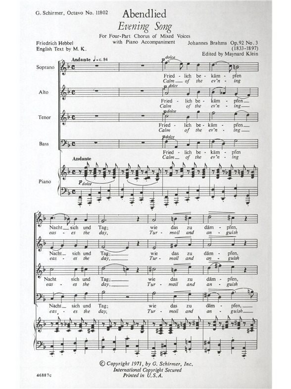 Johannes Brahms: Abenlied Op. 92 No. 3