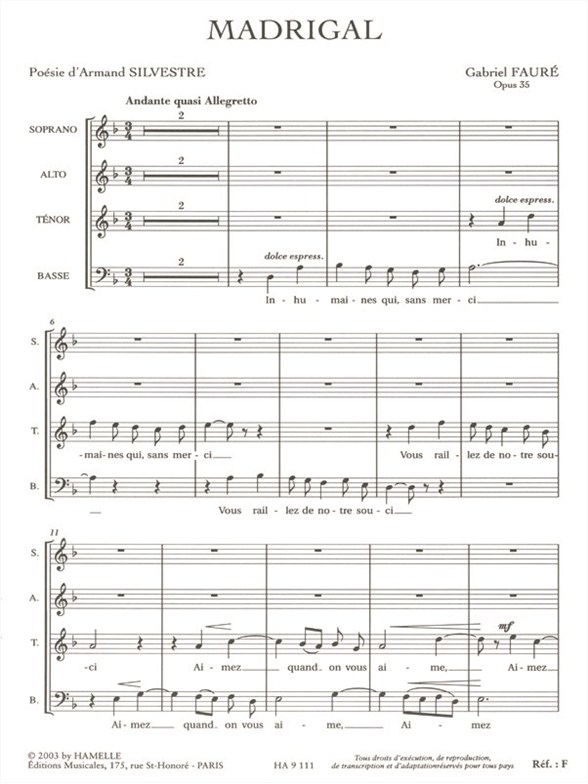 Gabriel Fauré: Madrigal Op.35 (TB Chorus Part) (Choral-Mixed accompanied)