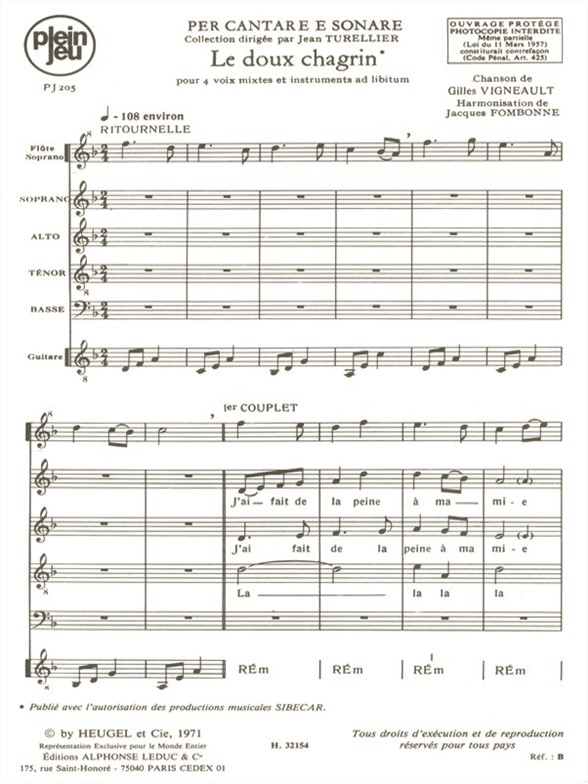 Vigneault Fombonne Per Cantare E Sonare Pj205 Le Doux 4 Part Choral