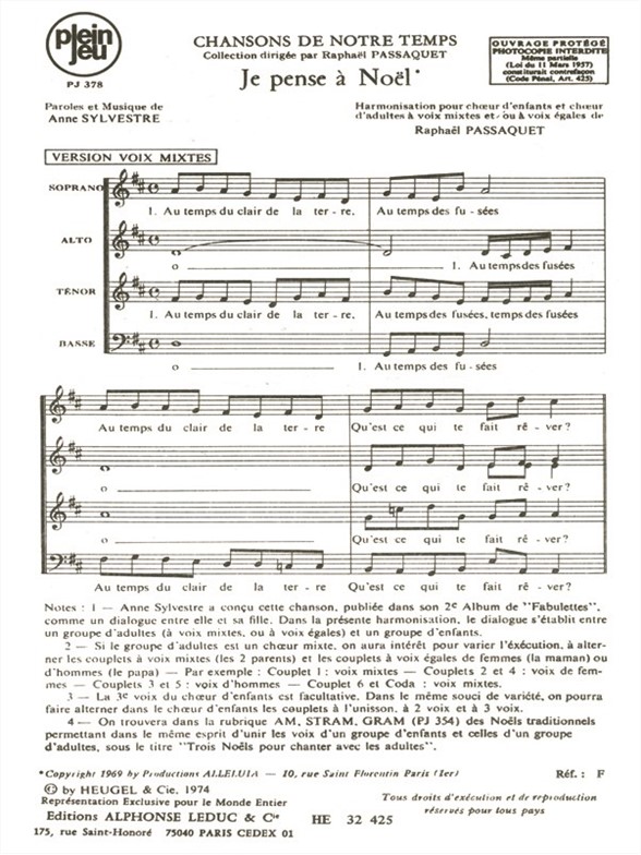 Sylvestre Passaquet Chansons De Notre Temps Pj378 Je Pense 4 Part