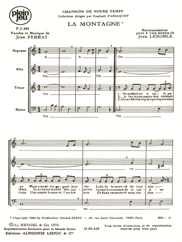 Ferrat: Chansons de notre temps/pj381 la montagne/4 voix mixtes