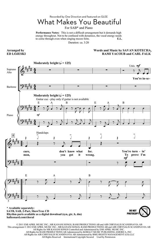 ONE DIRECTION WHAT MAKES YOU BEAUTIFUL (LOJESKI ED) SAB CHORAL