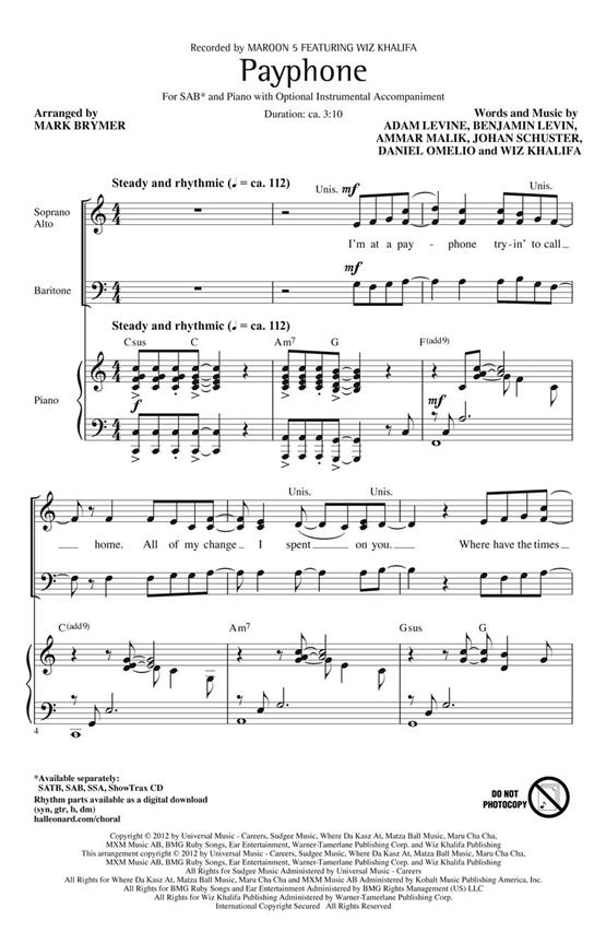 Maroon 5: Payphone (Arr. Brymer) (SAB)