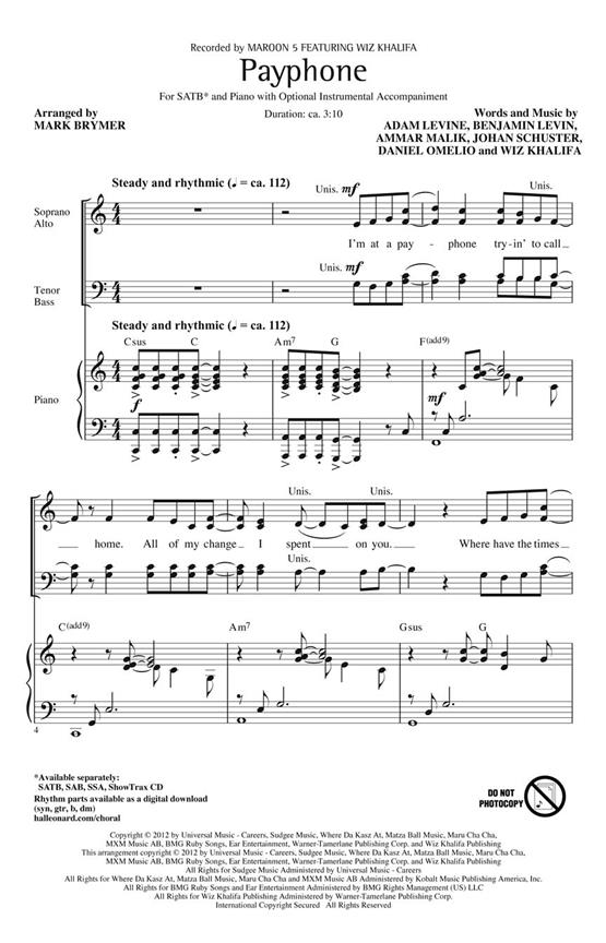 Maroon 5: Payphone (Arr. Brymer) (ShowTrax CD)