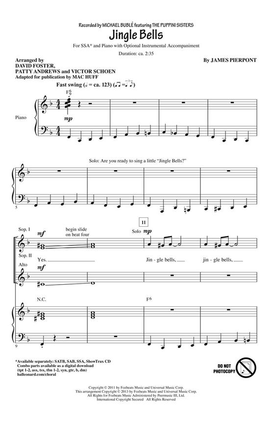Pierpont James Jingle Bells (Arr Huff Mac) Ssa Choral