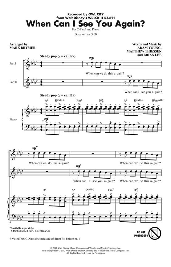 Owl City: When Can I See You Again (Arr. Brymer) (2-Part)