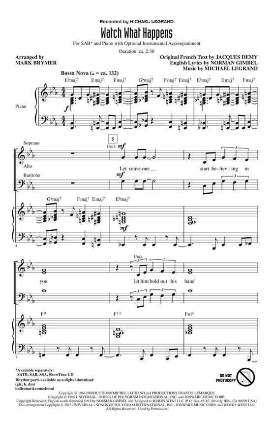 Michael Legrand: Watch What Happens (Arr. Brymer) (SAB)