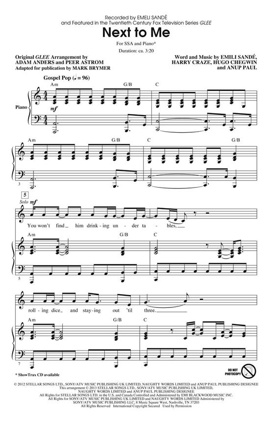 Emeli Sandé: Next To Me (Arr. Anders) (ShowTrax CD)
