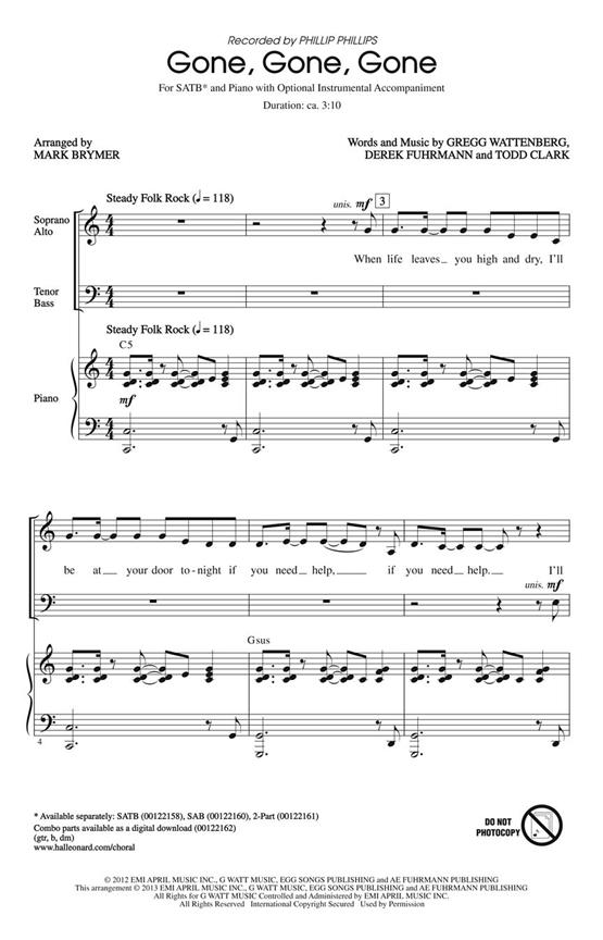 Phillip Phillips: Gone, Gone, Gone (Arr. Brymer) (ShowTrax CD)