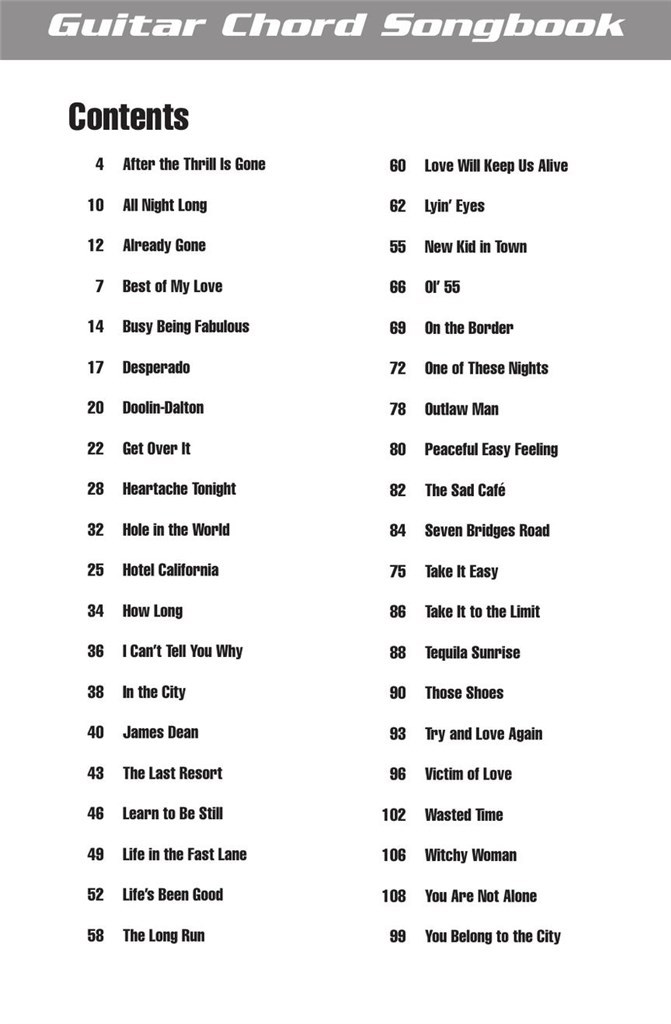 Eagles - Guitar Chord Songbook : Lyrics/Chord Symbols/Guitar Chord Diagrams