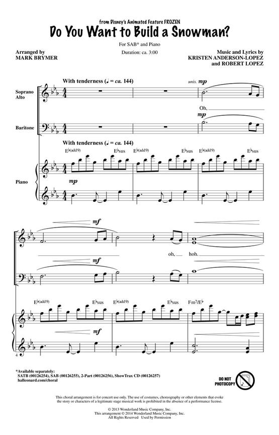 Do You Want To Build A Snowman? From Frozen (Brymer) Sab Choral