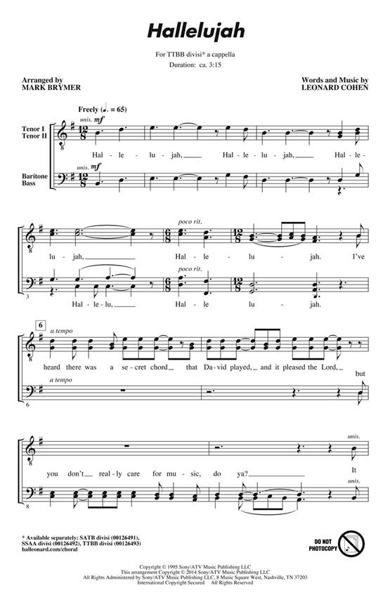 Cohen Leonard Hallelujah (Arr Brymer Mark) Ttbb Div A Cappella Choral