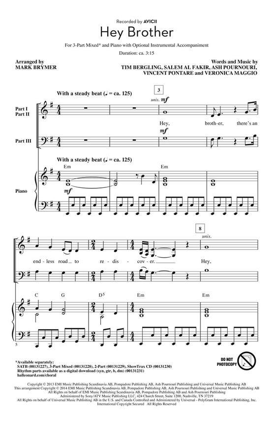Avicii Hey Brother (Arr Brymer Mark) 3 Part Mixed Choral