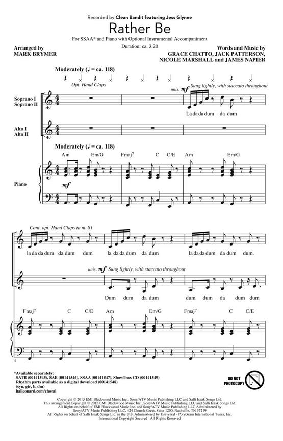 Clean Bandit Rather Be (Arr Brymer Mark) Ssaa Choral