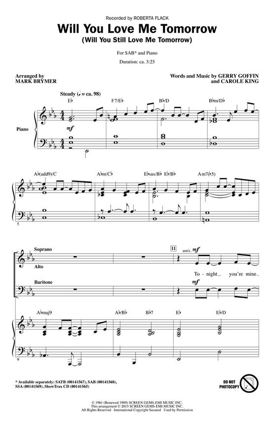 Carole King: Will You Love Me Tomorrow (Arr. Brymer) (SAB)