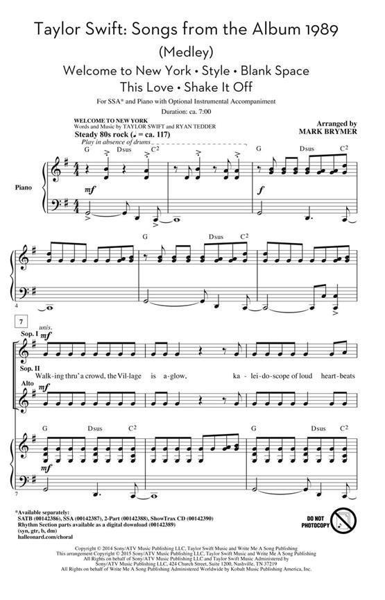 Taylor Swift: 1989 Medley (Arr. Brymer) (SSA)