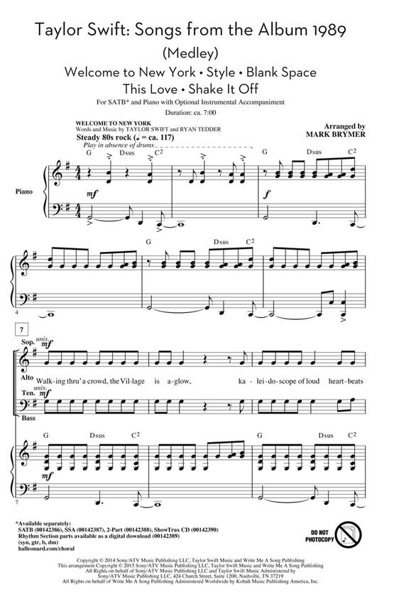 Taylor Swift: 1989 Medley (Arr. Brymer) (ShowTrax CD)