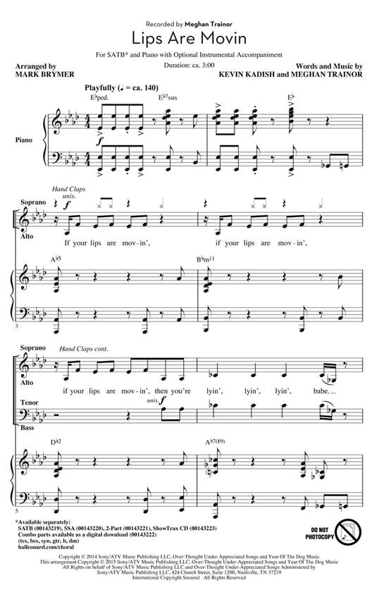 Meghan Trainor: Lips Are Movin (Arr. Brymer) (ShowTrax CD)