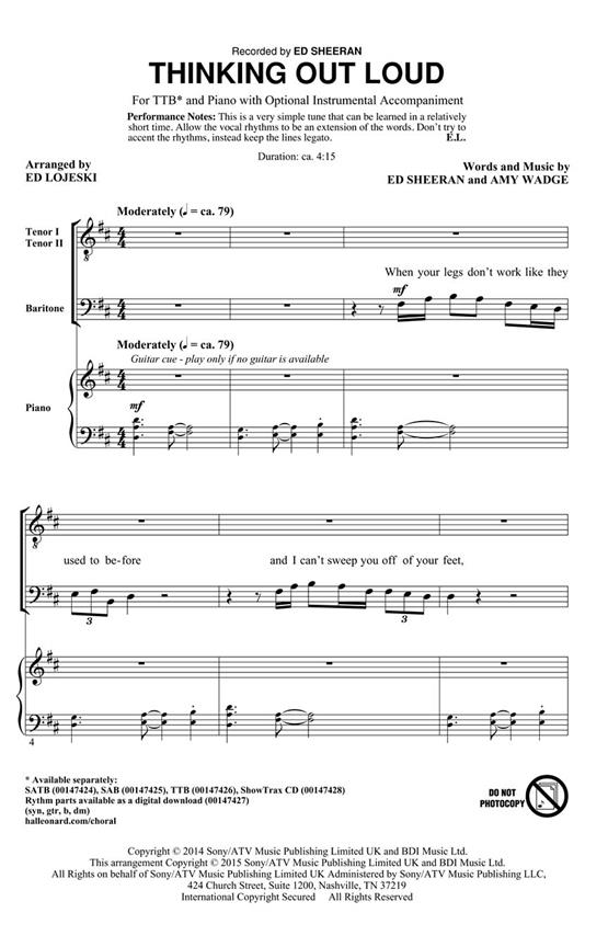Ed Sheeran: Thinking Out Loud (Arr. Lojeski) (TTB)