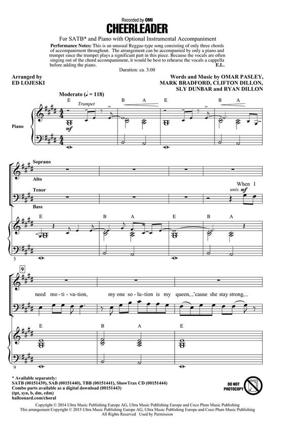 Omi: Cheerleader (Arr. Lojeski) (ShowTrax CD)