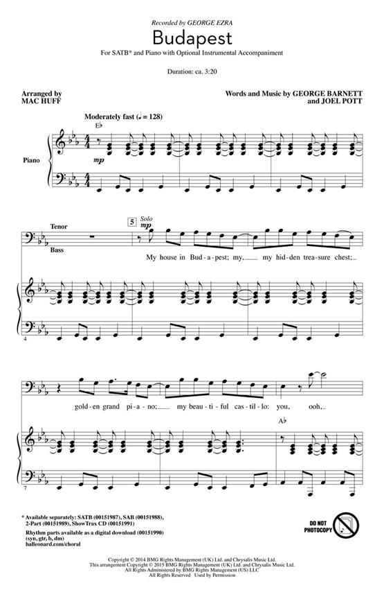George Ezra: Budapest (Arr. Huff) (ShowTrax CD)