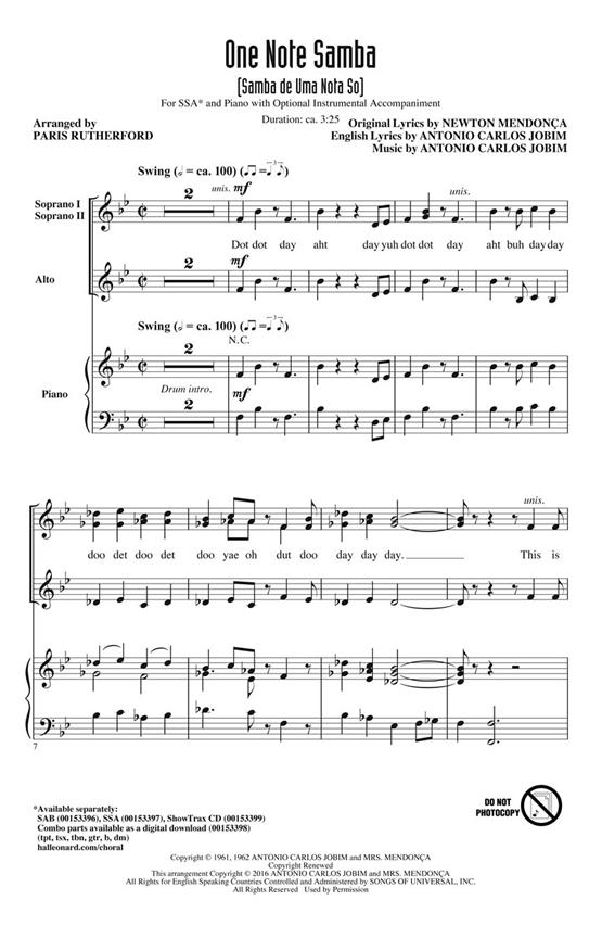 Antonio Carlos Jobim: One Note Samba (Arr. Rutherford) (ShowTrax CD)