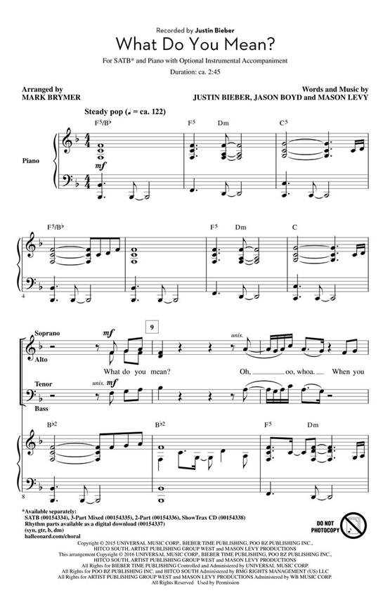 Justin Bieber: What Do You Mean (Arr. Brymer) (ShowTrax CD)