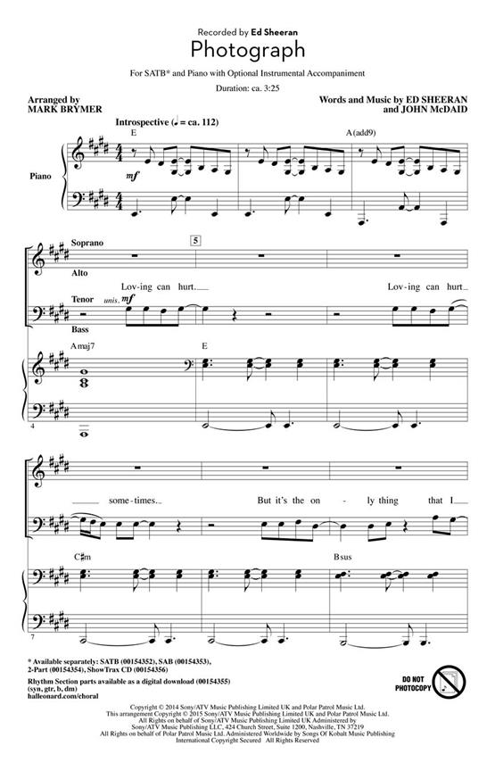 Ed Sheeran: Photograph (Arr. Brymer) (ShowTrax CD)