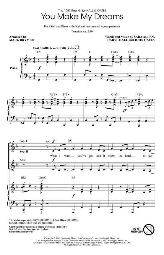 Hall & Oates: You Make My Dreams (Arr. Brymer) (SSA)