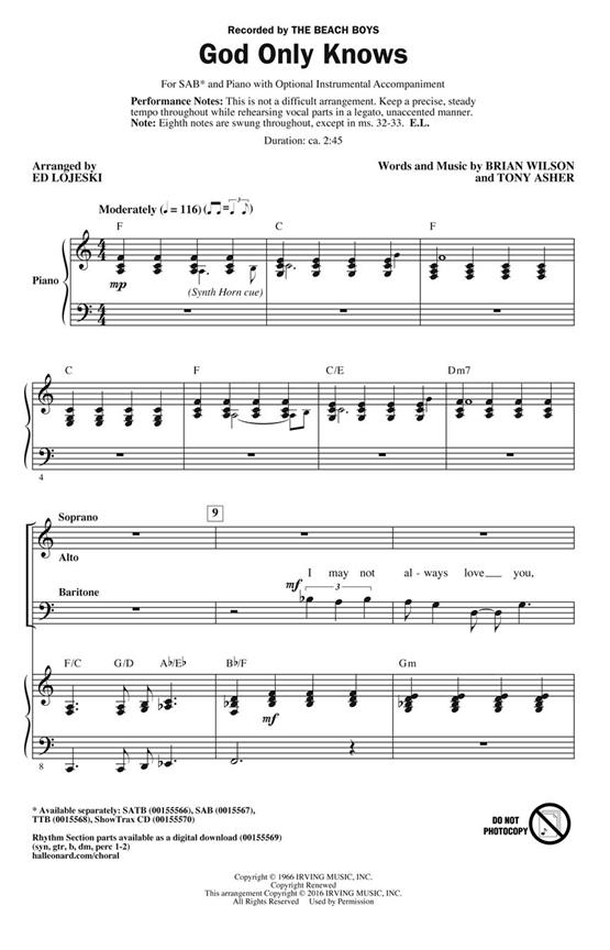 The Beach Boys: God Only Knows (SAB Songbook)