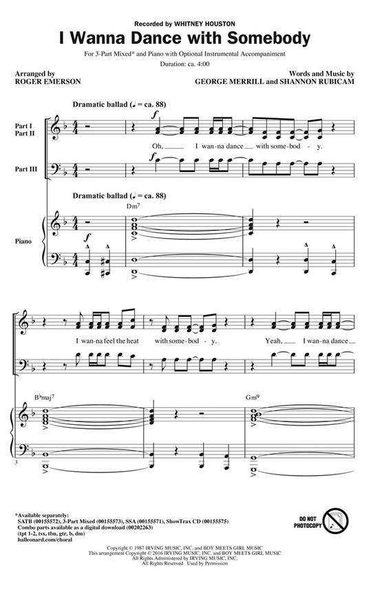Whitney Houston: I Wanna Dance With Somebody (Arr. Emerson) (3-Part)