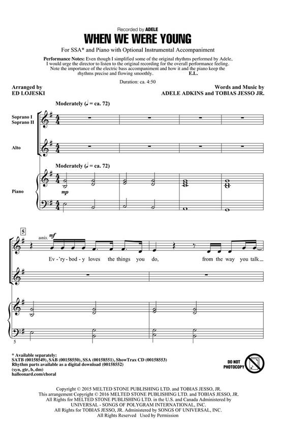 Adele: When We Were Young (SSA Songbook)