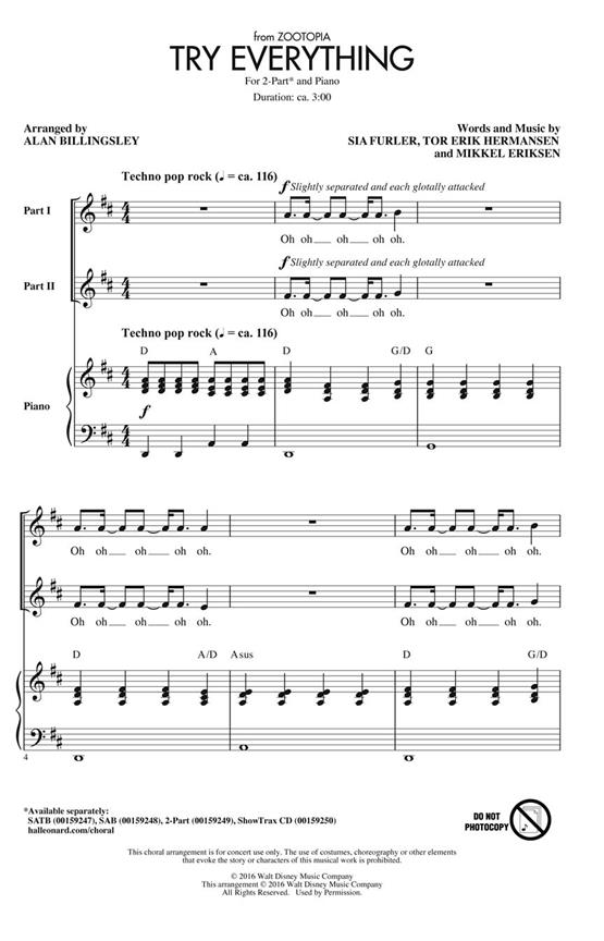 Shakira: Try Everything (From 'Zootopia') (Arr. Billingsley) (2-Part)