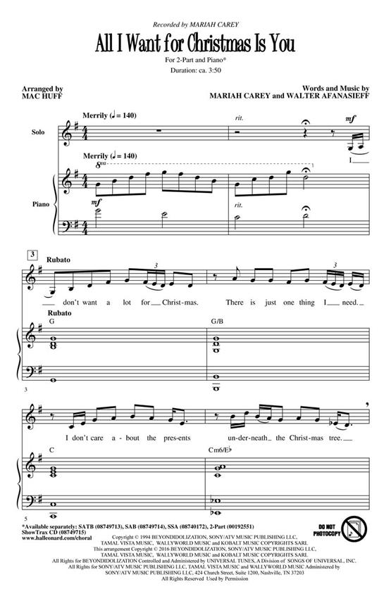 Mariah Carey: All I Want For Christmas Is You (Arr. Huff) (2-Part Choir)