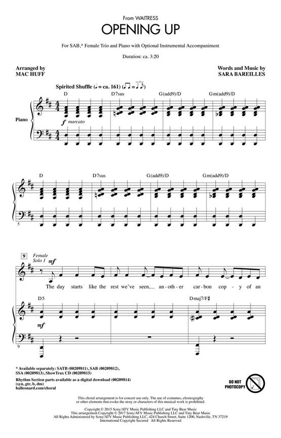 Opening Up (from Waitress) : SATB with Female Trio