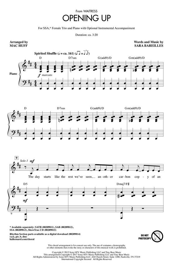 Opening Up (from Waitress) : SATB with Female Trio