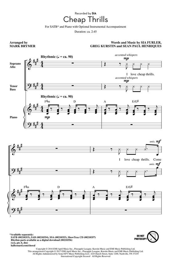 Sia: Cheap Thrills (Arr. Brymer) (ShowTrax CD)