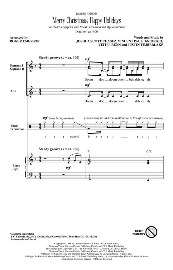 Pentatonix: Merry Christmas, Happy Holidays (Arr. Emerson) (SSA)