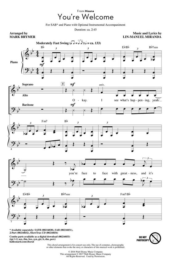 You're Welcome (From 'Moana') (Arr. Brymer) (SAB)