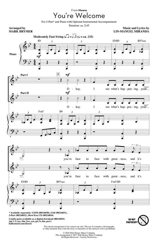 You're Welcome (From 'Moana') (Arr. Brymer) (2-Part)