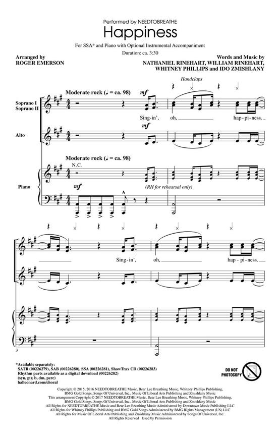 NEEDTOBREATHE: Happiness (SSA, arr. Emerson)