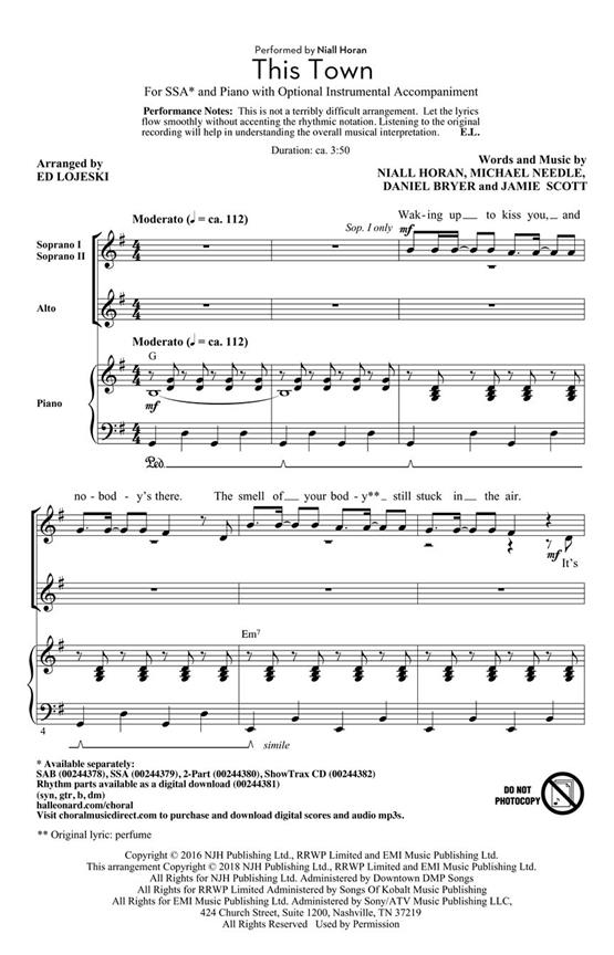 Niall Horan: This Town (Arr. Lojeski) (SSA)